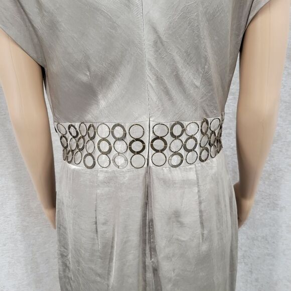 Ellen Tracy Champagne Satin Plunging Cowl Neckline Cap Sleeves Midi Sheath Dress - Picture 6 of 10